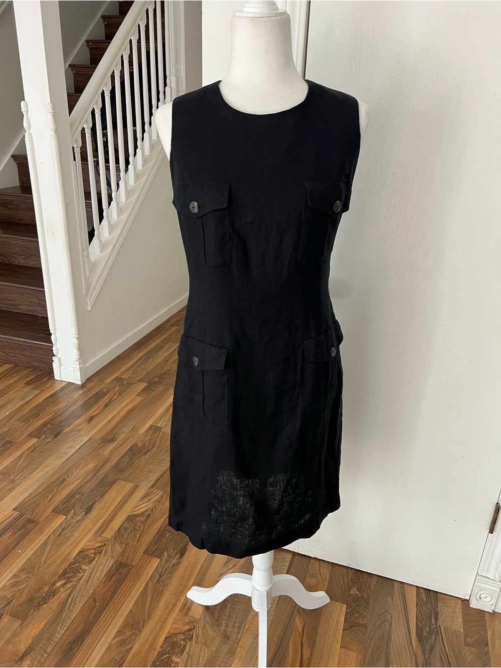 Virgo Black Sleeveless Linen Cargo Pocket Shift Dress, 12, EUC
